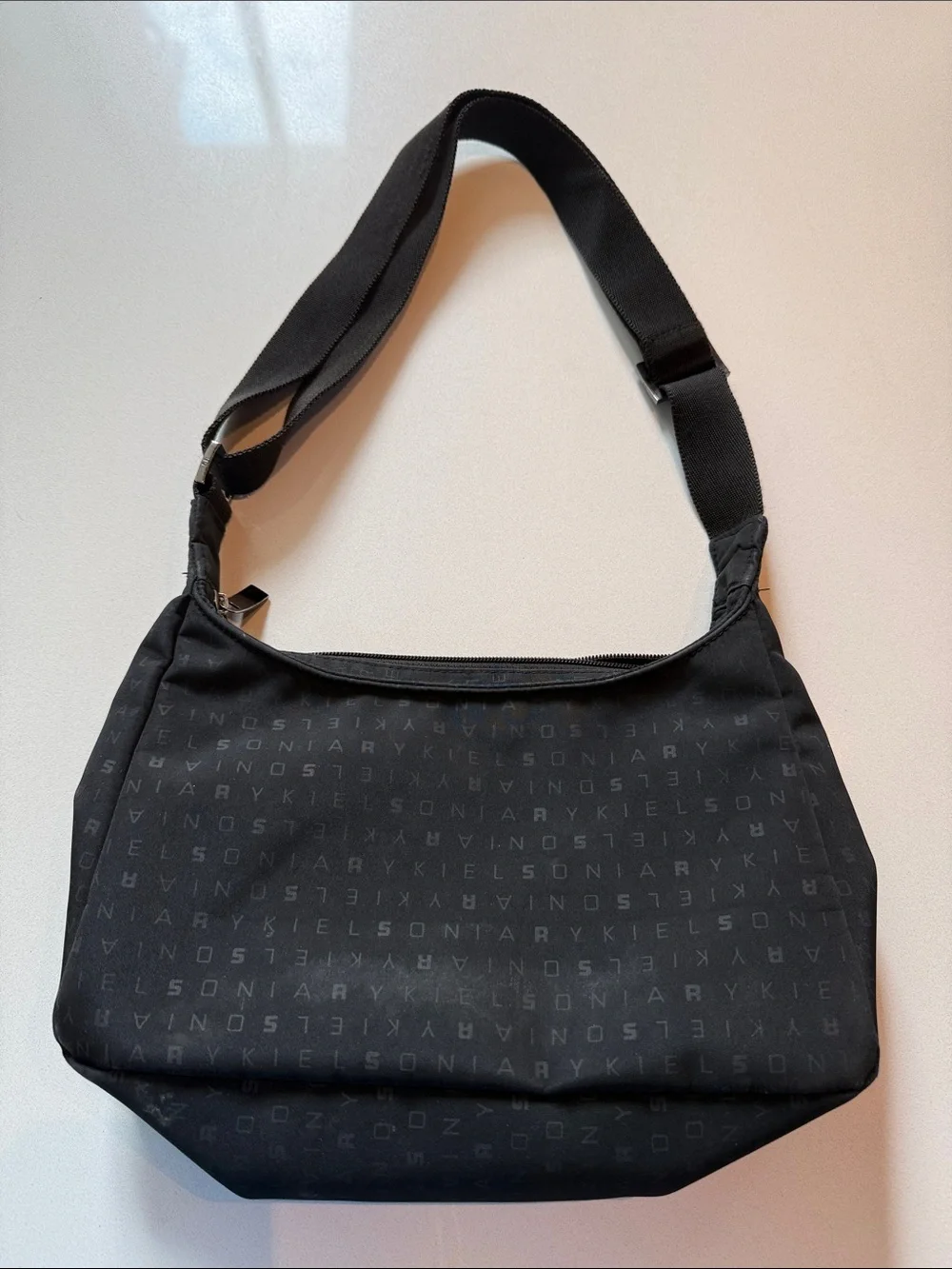 Sonia Rykiel Nylon Shoulder Bag, Monogrammed Pattern, Adjustable Strap, Black